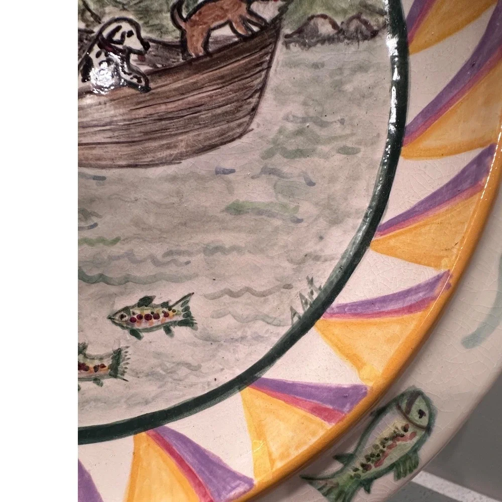 Hand Painted Fishing Dogs Decorative Ceramic Platter Trout Cabin Western‎ Plate